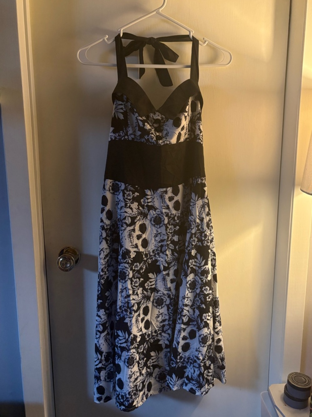 SHEIN Black and White Floral Skull Halter Maxi Dress